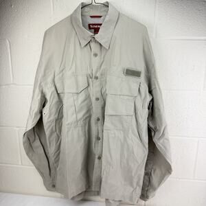 Simms Fishing Shirt Mens Large Gray Button Up Roll Tab Sleeves Logo 24x33